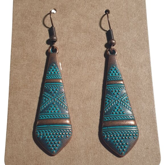 Handmade Copper Tribal Dangle Earrings Geometric Etched Design Lightweight Boho - Picture 3 of 4